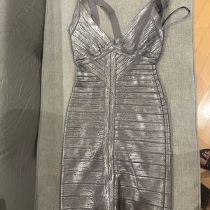 Herve Leger Metallic Silver Midi Bandage Dress